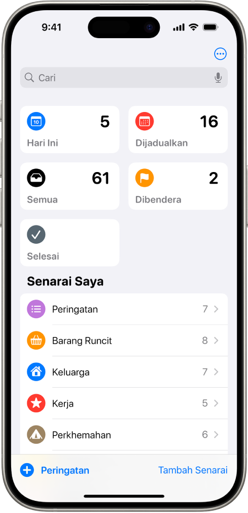 Skrin Peringatan dengan Senarai Pintar di bahagian atas dan senarai biasa di bahagian bawah.