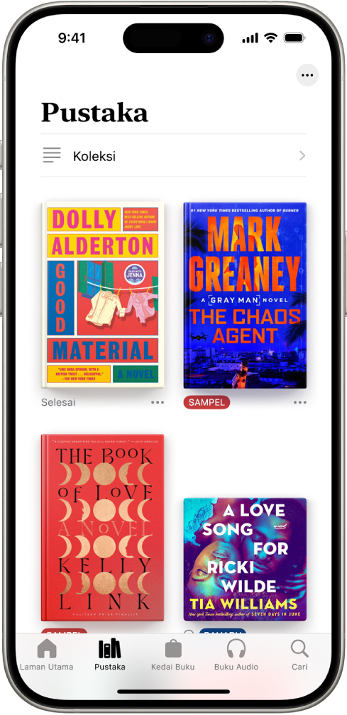Skrin Pustaka dalam app Buku. Di bahagian atas skrin ialah butang Koleksi. Di bahagian tengah skrin ialah kulit buku. Di bahagian bawah skrin ialah, dari kiri ke kanan, tab Laman Utama, Pustaka, Kedai Buku, Buku Audio dan Cari. Tab Pustaka dipilih.
