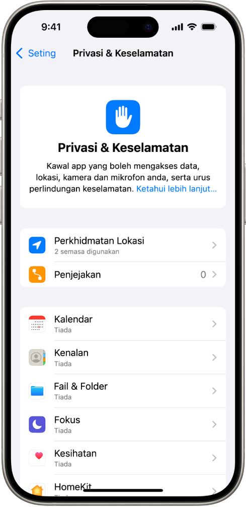Skrin Privasi & Keselamatan, dengan seting untuk Perkhidmatan dan Penjejakan Lokasi, serta seting untuk mengawal app yang boleh mengakses data anda.
