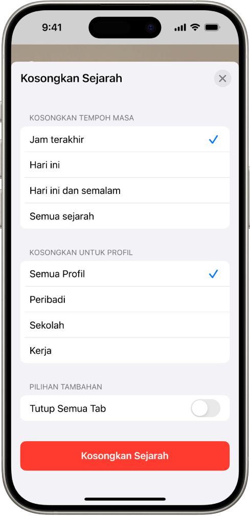 Menu Kosongkan Sejarah. Di bawah Kosongkan Bingkai Waktu, Jam terakhir dipilih. Semua Profil dipilih di bawah Kosongkan Untuk Profil. Butang Kosongkan Sejarah kelihatan di bahagian bawah skrin.