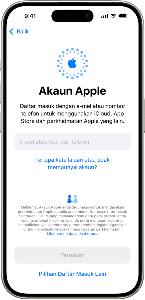Skrin daftar masuk Akaun Apple
