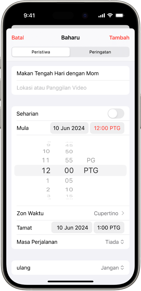 Peristiwa kalendar menunjukkan seting untuk masa dan zon masa peristiwa.