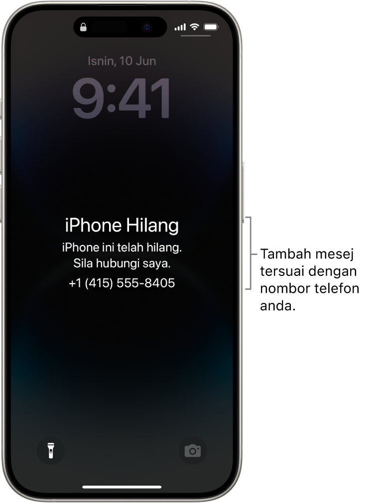 Skrin Kunci iPhone dengan mesej iPhone yang hilang. Anda boleh menambah mesej tersuai dengan nombor telefon anda.
