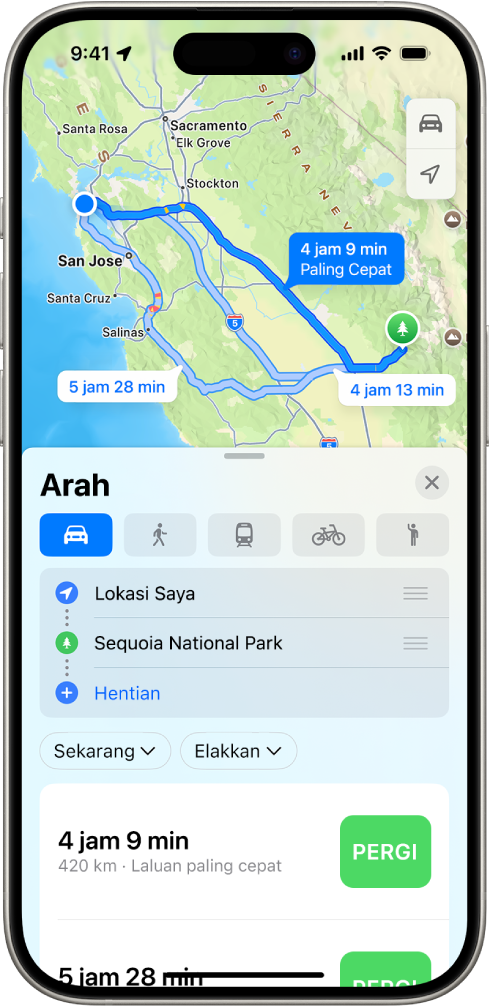 iPhone menunjukkan peta dengan beberapa pilihan laluan memandu ke destinasi yang sama, Setiap laluan menunjukkan anggaran masa dan jarak, serta butang Pergi untuk memulakan arahan pusingan demi pusingan. Pengekodan warna pada setiap laluan menunjukkan keadaan trafik.