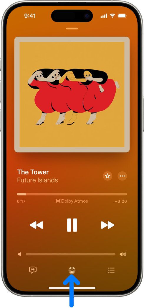 Kawalan main balik untuk Muzik, termasuklah butang Destinasi Main Balik di bahagian bawah skrin.