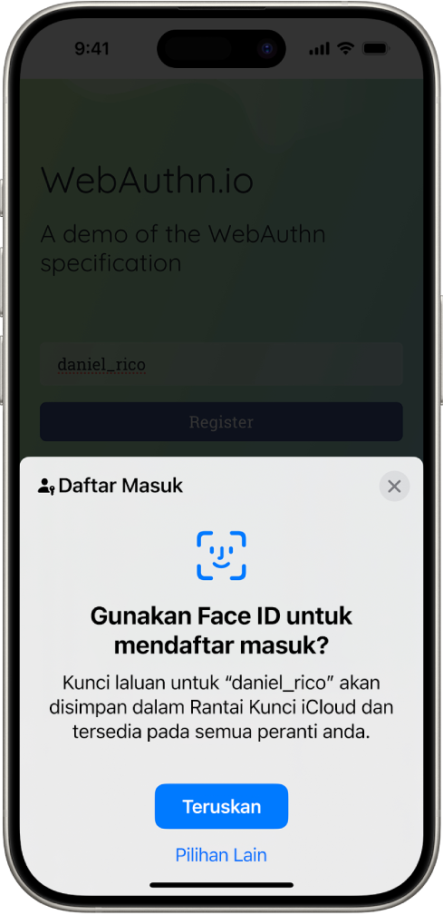 Skrin daftar masuk yang kelihatan apabila kunci laluan disimpan untuk akaun. Butang Teruskan dan Pilihan Lain berada di bahagian bawah skrin.