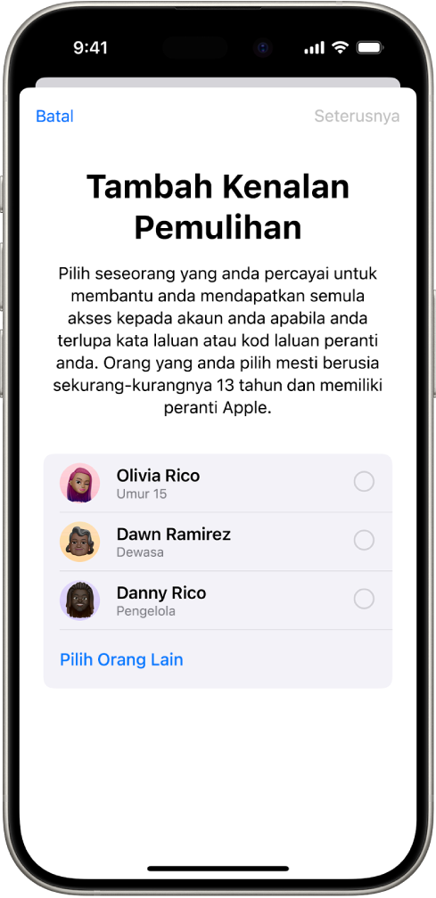 Skrin Tambah Kenalan Pemulihan menunjukkan kenalan cadangan sebagai kenalan pemulihan dan pilihan untuk memilih orang lain.