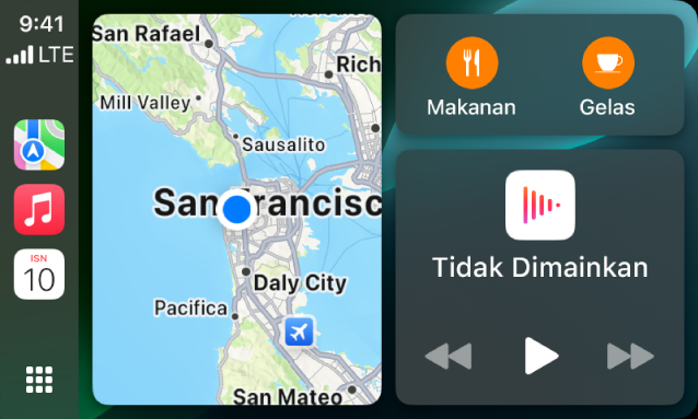 Papan Pemuka CarPlay menunjukkan Peta, Muzik dan Mesej dalam Bar Sisi. Di sebelah kanan ialah peta Apple Park, tetingkap navigasi dan tetingkap kini dimainkan.