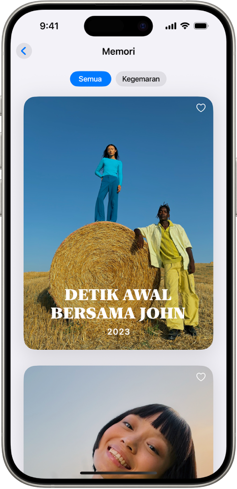 App Foto dibuka ke koleksi Memori. Tab Semua dipilih, dengan senarai memori di bawah.