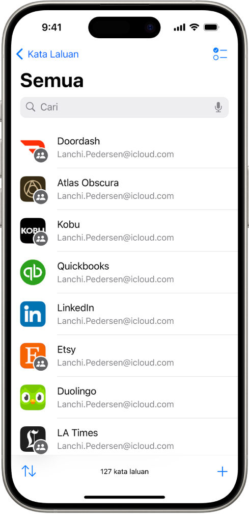 Senarai semua akaun dengan kata laluan yang disimpan dalam app Kata Laluan.