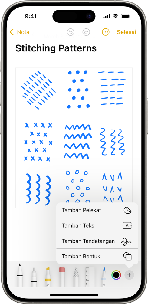 Bar alat Penanda terbuka di bahagian bawah nota dalam app Nota dan butang Tambah di penjuru kanan bawah skrin dipilih. Pilihan berikut tersedia dalam menu Tambah: Tambah Pelekat, Tambah Teks, Tambah Tandatangan dan Tambah Bentuk.