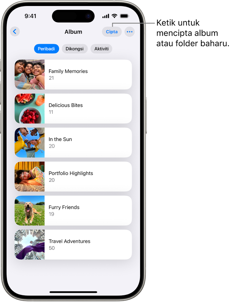 Album dibuka dalam app Foto. Tab Peribadi dipilih; di bawahnya ialah senarai album.