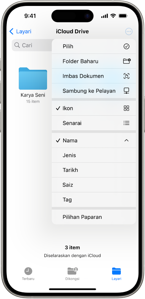 App Fail dengan butang Lagi dipilih. Dalam menu yang kelihatan ialah pilihan untuk Pilih, Folder Baharu, Imbas Dokumen dan Sambung ke Pelayan. Di bahagian bawah ialah pilihan untuk melihat item pada skrin sebagai Ikon atau Senarai. Di bahagian bawah ialah isih pilihan untuk Nama, Jenis, Tarikh, Saiz dan Tag diikuti dengan Lihat Pilihan.