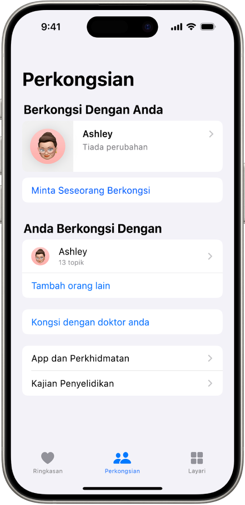 Skrin Perkongsian dalam app Kesihatan.