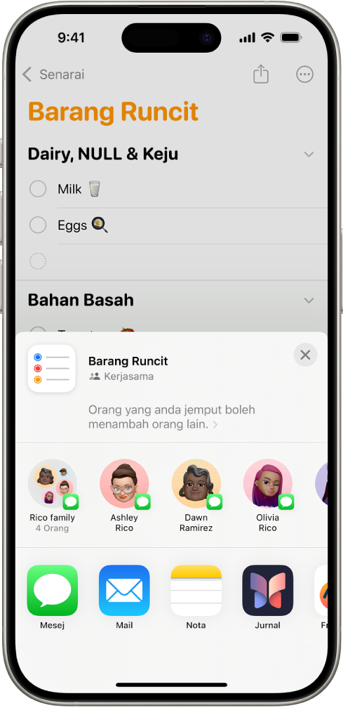 Skrin Peringatan menunjukkan senarai barang runcit dengan pilihan untuk berkongsi di bahagian bawah.