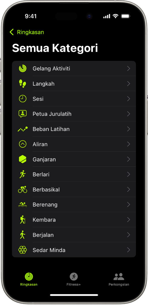 Skrin Kecergasan menunjukkan senarai kategori kecergasan.