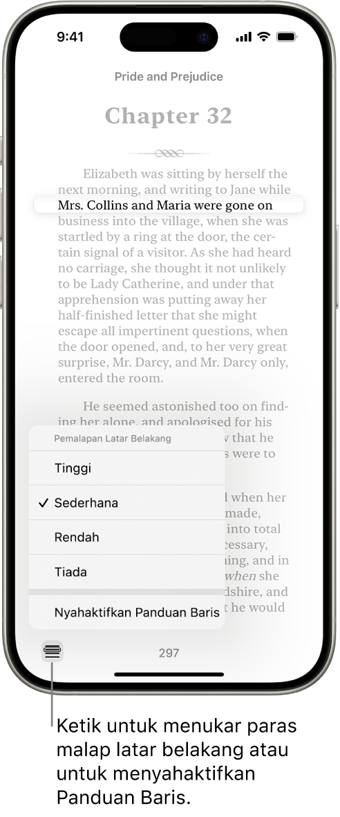 Halaman buku dalam app Buku. Satu baris teks diserlahkan dan teks yang lain dimalapkan. Di penjuru kiri bawah skrin ialah butang Menu Panduan Baris.