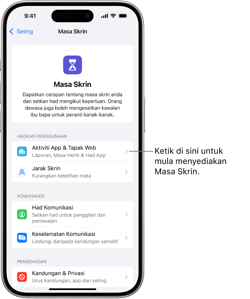 Skrin untuk menyediakan Masa Skrin, menunjukkan yang anda mengetik Aktiviti App & Tapak Web untuk bermula.