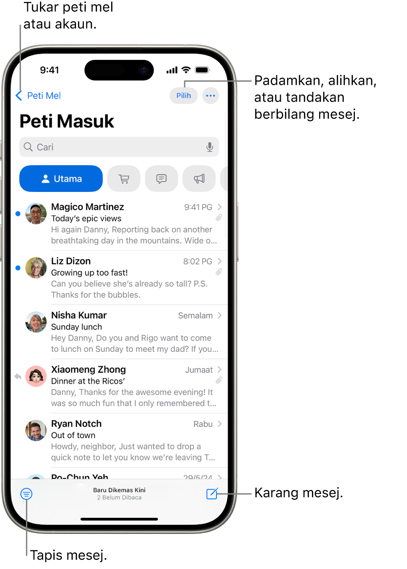 Peti Masuk Mail, menunjukkan senarai e-mel.