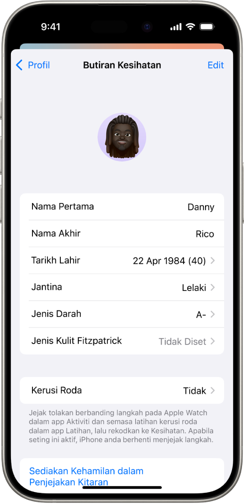 Skrin Butiran Kesihatan, yang termasuk medan untuk nama, tarikh lahir, jenis darah dan maklumat lain.
