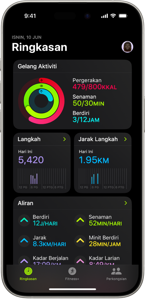 Skrin Ringkasan dalam Kecergasan, menunjukkan kawasan Gelung Aktiviti, Kiraan Langkah, Jarak Langkah dan Aliran.