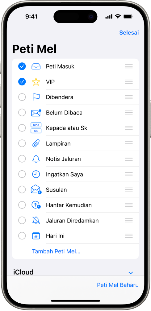 Skrin edit Peti Mel. Peti Mel pilihan disenaraikan dari bahagian atas ke bawah dengan kotak semak di sebelah kiri setiap pilihan. Di penjuru kanan bawah skrin ialah butang yang dilabelkan sebagai Peti Mel Baharu.