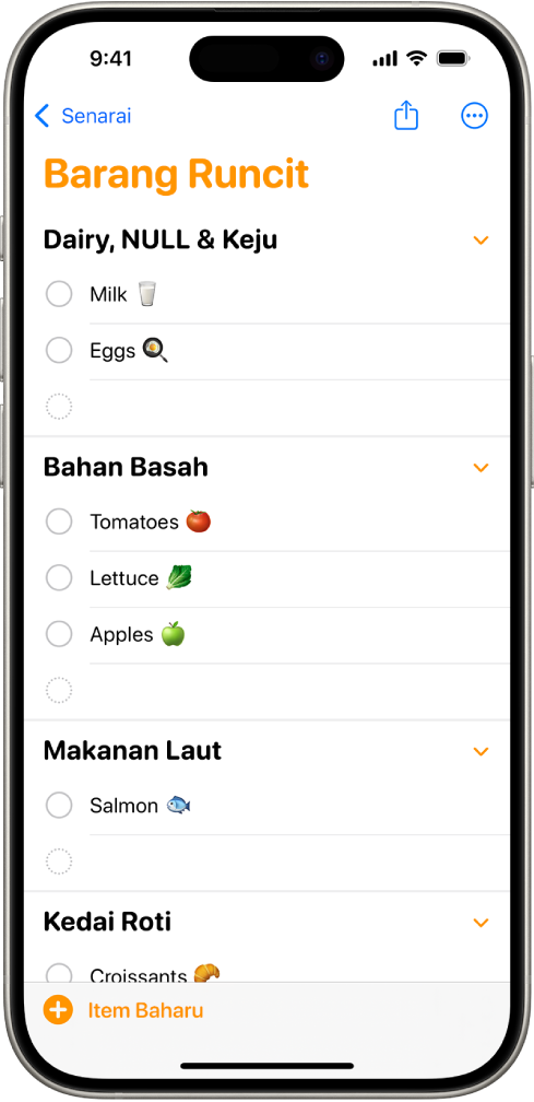 App Peringatan, menunjukkan senarai barang runcit dengan item dalam kategori seperti Barang Basah dan Makanan Laut.