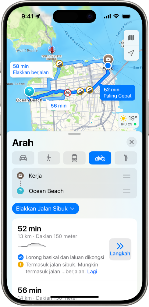 Peta menunjukkan pilihan laluan berbasikal. Kad laluan di bahagian bawah memberikan butiran, termasuk anggaran masa perjalanan, perubahan ketinggian dan jenis jalan. Butang Pergi kelihatan di sebelah kanan butiran.