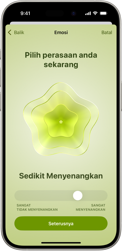 Skrin dalam app Kesihatan mengenal pasti perasaan semasa sebagai Sedikit Menyenangkan. Di bahagian bawah skrin ialah gelangsar untuk melaraskan tahap emosi.