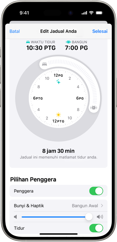 Skrin Edit Jadual Anda dalam Kesihatan, dengan jam Waktu Tidur dan Bangun di bahagian atas skrin serta pilihan penggera di bahagian bawah skrin.
