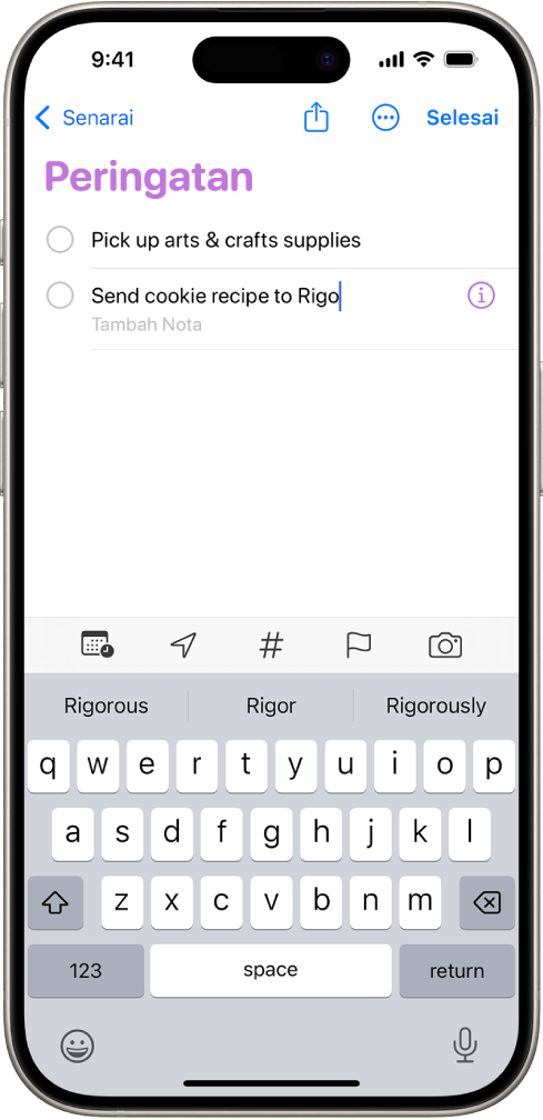 App Peringatan, menunjukkan tugas baharu ditambah ke senarai Peringatan.