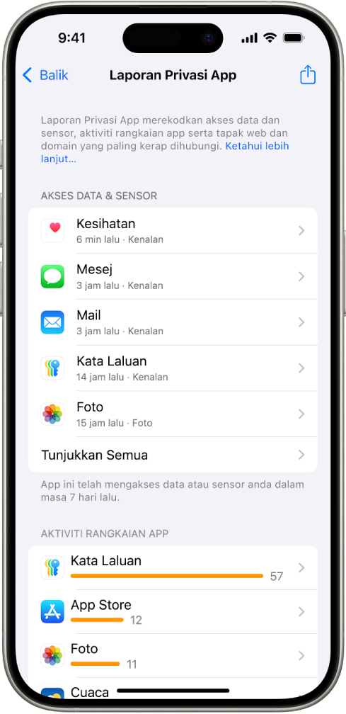 Laporan Privasi App menyenaraikan maklumat tentang app untuk kategori Akses Data & Sensor serta maklumat tentang app untuk kategori Aktiviti Rangkaian App.