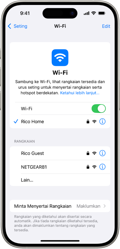 Skrin pilihan Wi-Fi dalam Seting. Wi-Fi diaktifkan dan rangkaian dipilih.