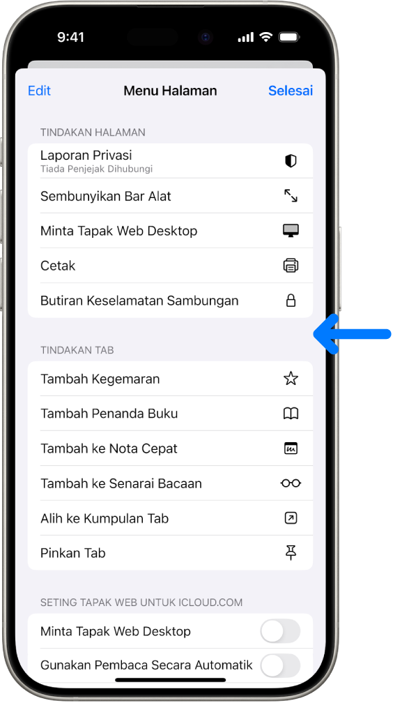 Menu Seting Halaman dibuka dalam Safari dan kawalan Butiran Keselamatan Sambungan berada di separuh bawah halaman.