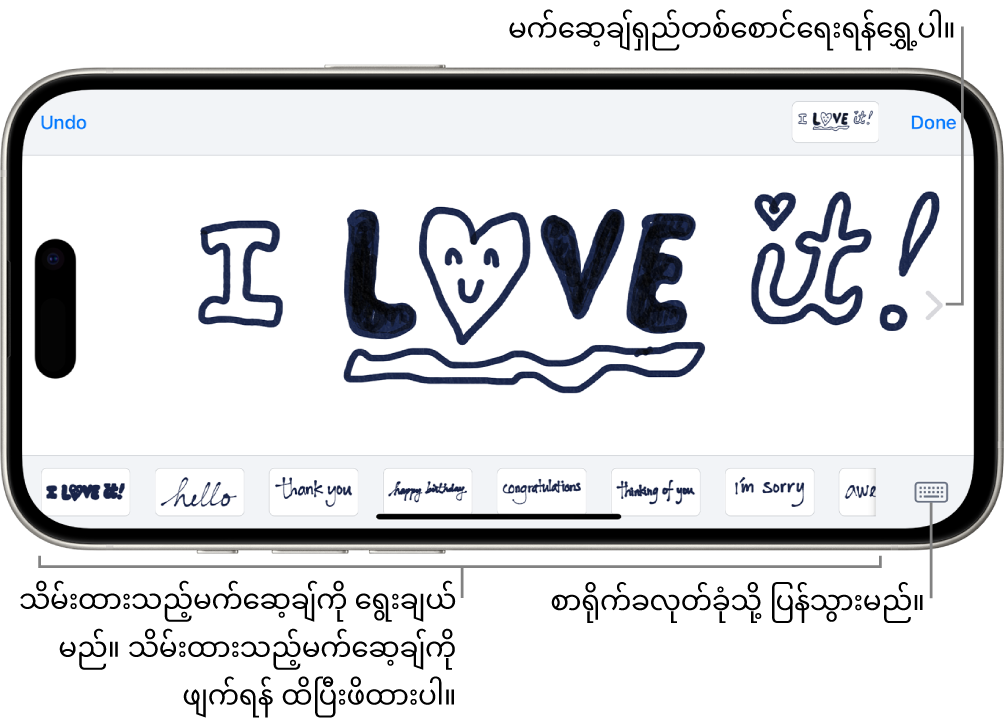 လက်ရေးမက်ဆေ့ချ်တစ်စောင်ကို ရေးသားရန် ကင်းဗတ်စများ ဘယ်မှညာအောက်ခြေတစ်လျှောက်သည်သိမ်းထားသည့်လက်ရေးအမျိုးအစားများနှင့် Keyboard ခလုတ်ဖြစ်သည်။