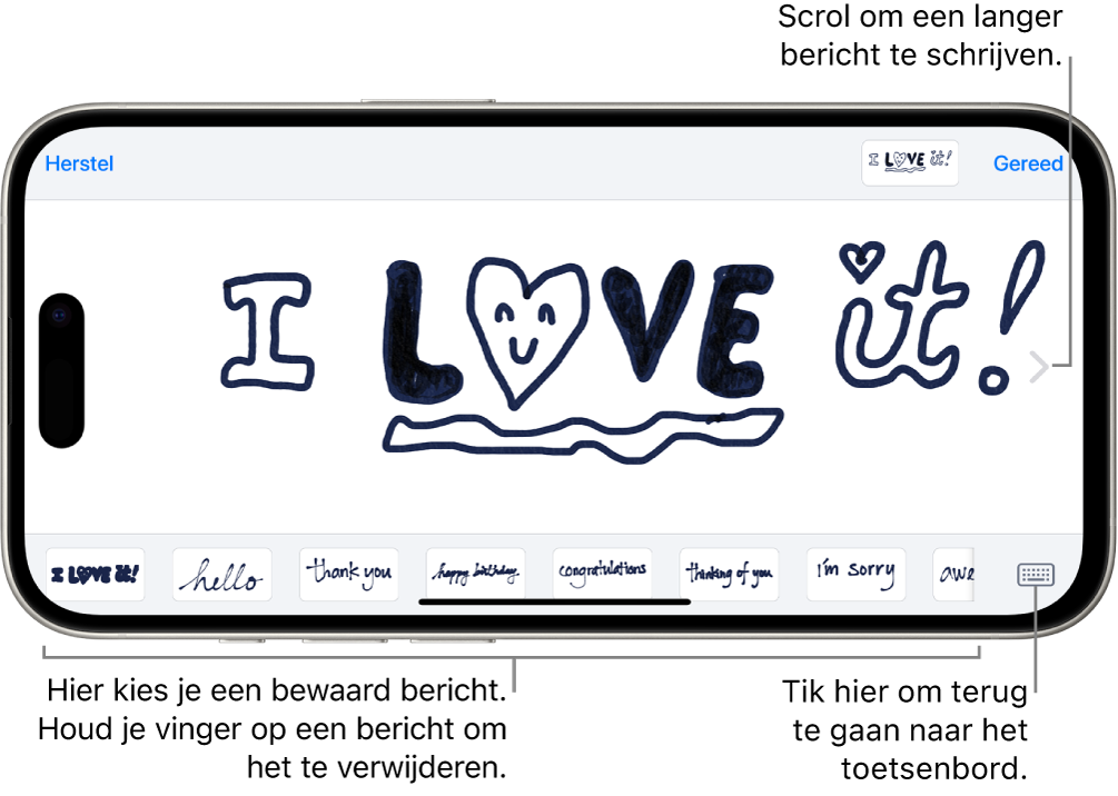 Het tekengebied met een handgeschreven bericht. Onderin bevinden zich van links naar rechts bewaarde handgeschreven onderdelen en de knop voor het weergeven van het toetsenbord.