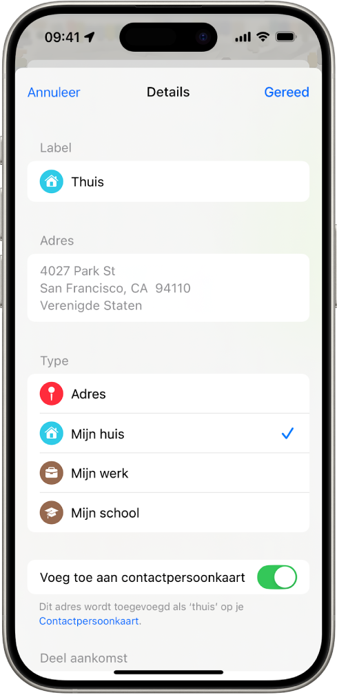 De Kaarten-app met het detailscherm, met opties om een adres in te stellen, zoals een thuis-, werk- of schooladres.