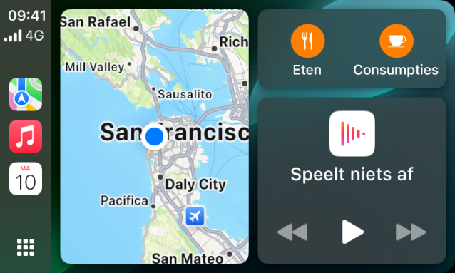 Een CarPlay-dashboard waarop Kaarten, Muziek en Berichten in de navigatiekolom worden weergegeven. Aan de rechterkant zie je een plattegrond van Apple Park, een navigatievenster en het venster 'Huidige'.