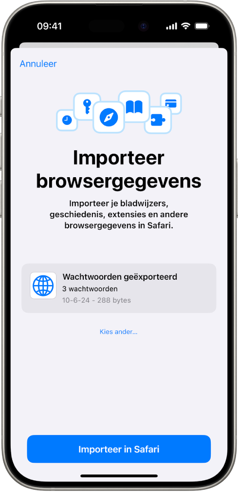 Het scherm voor het importeren van browsergegevens, met het CSV-bestand met de wachtwoorden die vanuit een andere wachtwoordbeheerder worden geïmporteerd.
