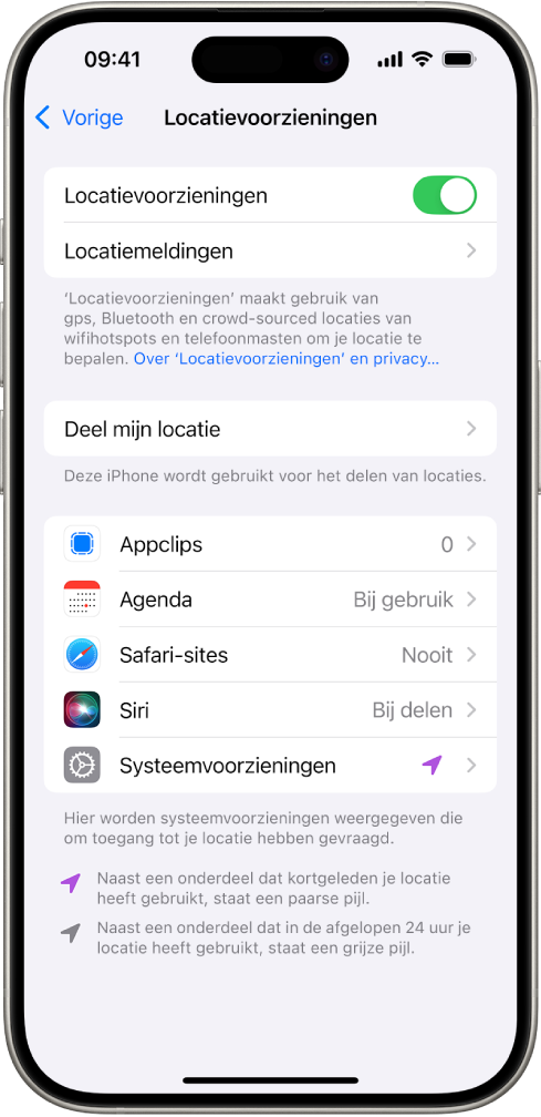 Het scherm van 'Locatievoorzieningen', met instellingen voor het delen van de locatie van je iPhone met apps.