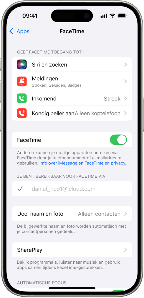 Het scherm met FaceTime-instellingen, met de schakelaar om FaceTime in of uit te schakelen en het veld met je Apple Account voor FaceTime.
