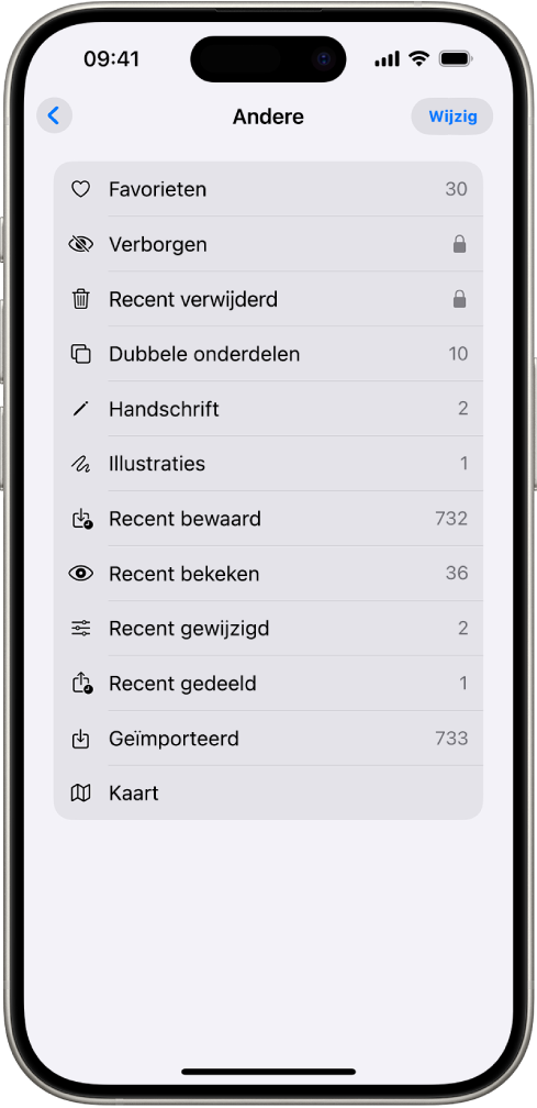 In de Foto's-app is de verzameling 'Andere' geopend met een lijst met fotoverzamelingen.