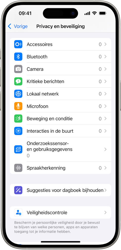 Het scherm van 'Privacy en beveiliging', met instellingen waarmee je bepaalt of apps toegang hebben tot de camera, microfoon en andere onderdelen van je iPhone.