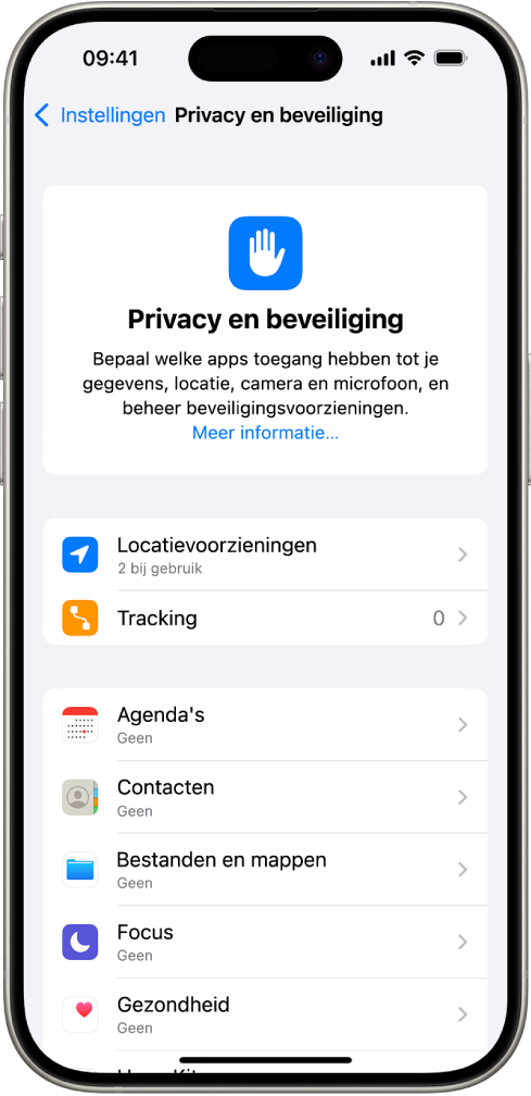 Het scherm van 'Privacy en beveiliging', met instellingen voor locatievoorzieningen en tracking, en instellingen waarmee je bepaalt welke apps toegang tot je gegevens hebben.