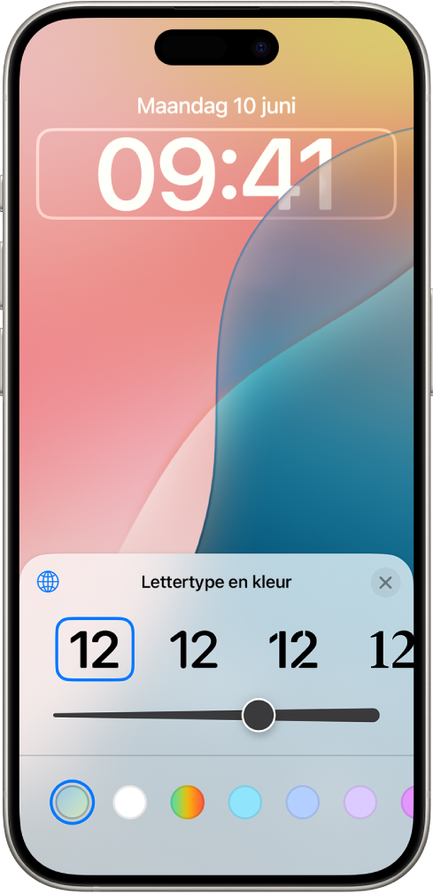 Een scherm voor het wijzigen van de klokstijl in het toegangsscherm. De tijd is geselecteerd en er zijn regelaars waarmee je de stijl, de lijndikte en de kleur van het lettertype van de klok kunt kiezen.
