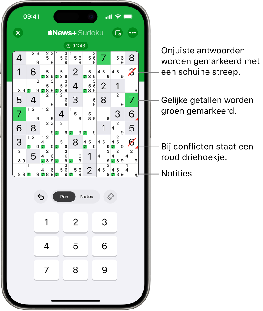 Een sudokupuzzel waarbij verschillende functies zijn ingeschakeld: 'Notes', 'Highlight Matching Numbers', 'Show Conflicts' en 'Autocheck'.