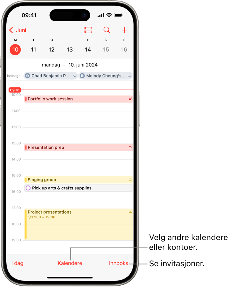 En kalender i dagsvisning som viser dagens hendelser. Kalender-knappen er nederst i midten på skjermen, og Innboks-knappen er nederst til høyre.