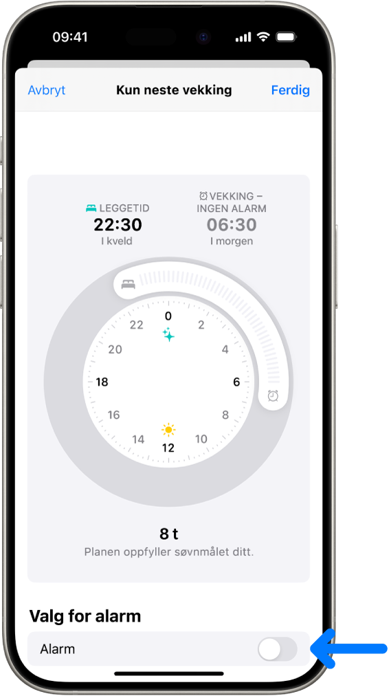 Kun neste vekking-skjermen i Helse-appen, med Alarm slått av nederst.