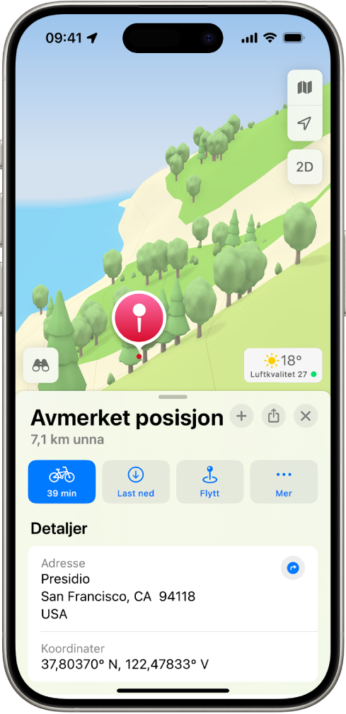 Et kart som viser en festet posisjon i en park. Under det er knapper for å få veibeskrivelse til nålen, laste ned et kart over området og flytte nålen.