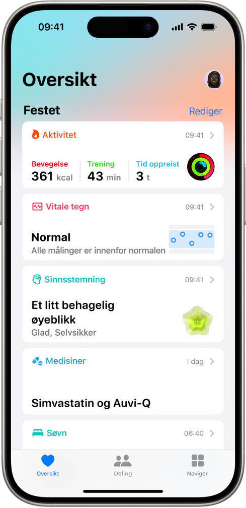 Oversikt-skjermen i Helse. Informasjon om aktivitet, vitale tegn, sinnsstemning og medisiner vises under Festet.